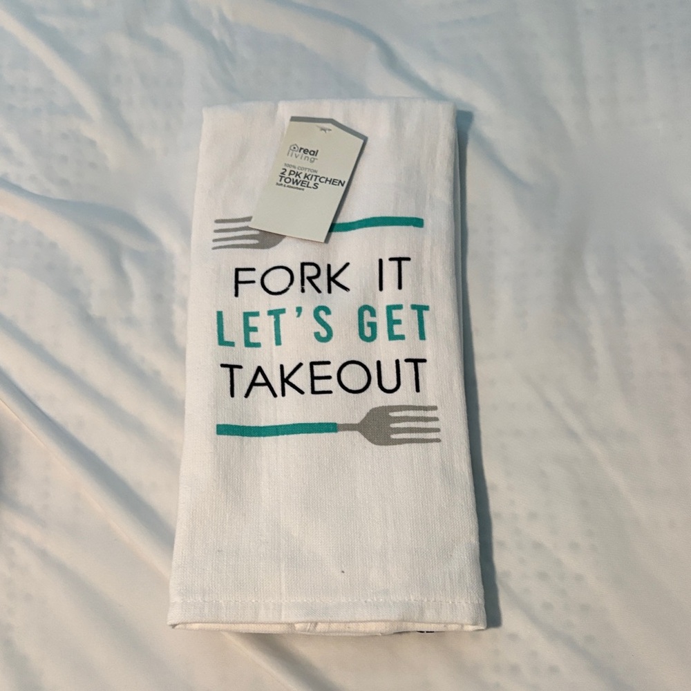 White and Teal Hand Towels - Fork It Let's Get Takeout
